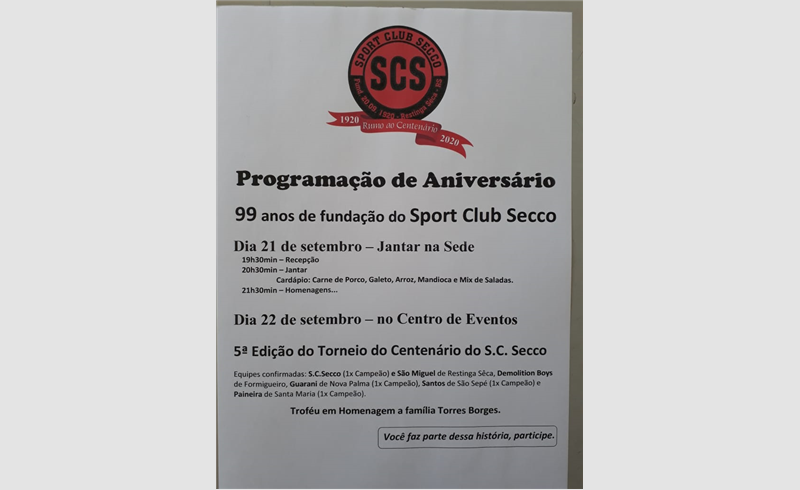 Sport Club Secco de Restinga Sêca celebra seus 99 anos