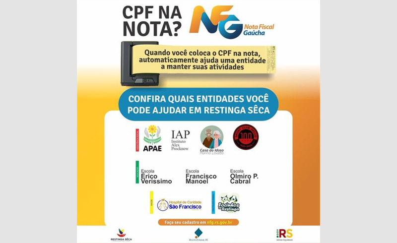 Saiba como ajudar as instituições de Restinga Sêca pelo Nota Fiscal Gaúcha