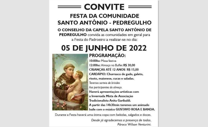 Festa do Padroeiro na comunidade de Santo Antônio de Pedregulho, em Restinga Sêca, será no próximo domingo, 05/06