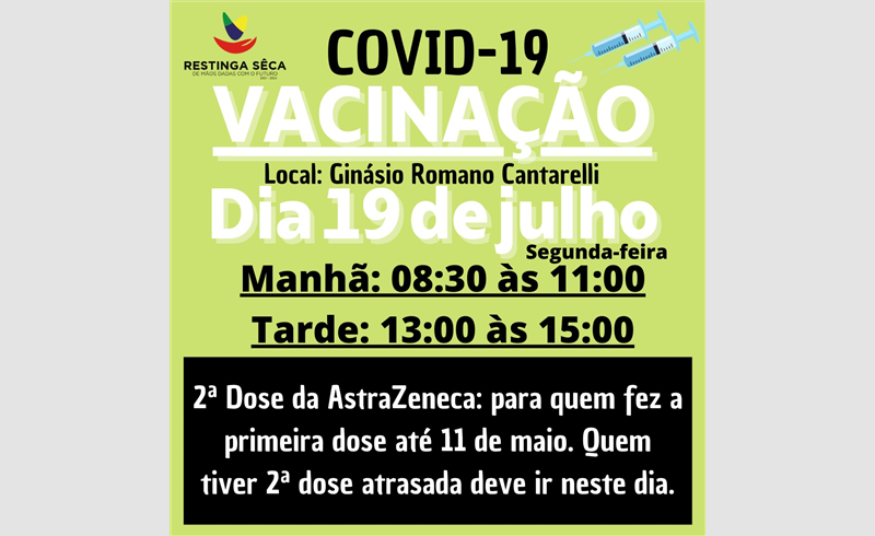 Vacinação contra COVID-19 no Ginásio Romano Cantarelli para Covid-19, primeira e segunda dose, e Influenza (Gripe) na próxima semana, dias 19, 20 e 21