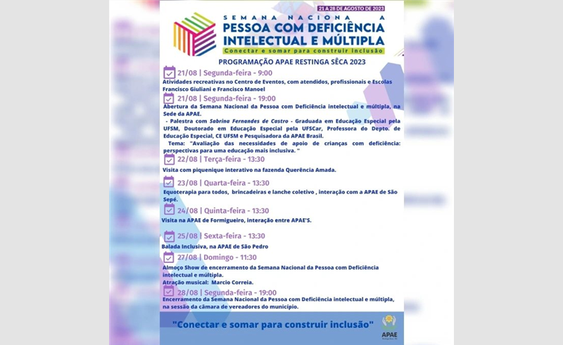 Apae de Restinga Sêca convida para a Semana Nacional da Pessoa com Deficiência Intelectual e Múltipla