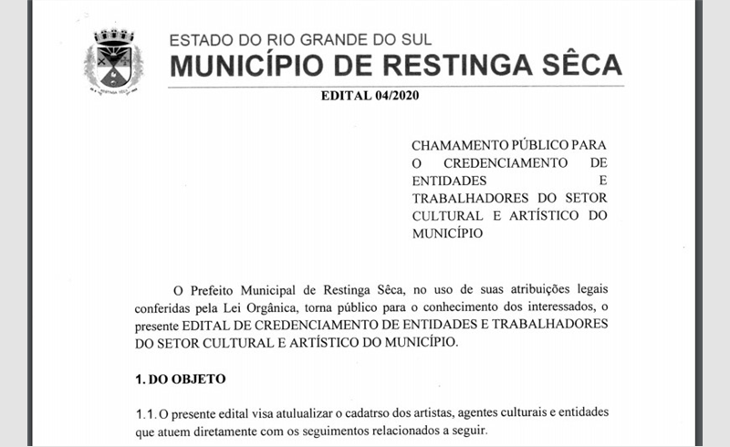Prefeitura de Restinga Sêca lança  Edital para cadastramento de artistas e entidades culturais