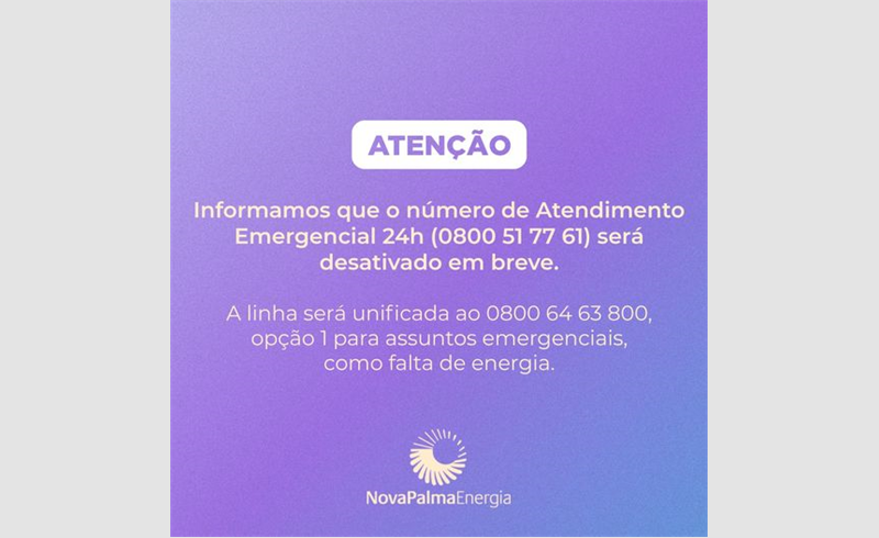 Nova Palma Energia terá novo número para emergências