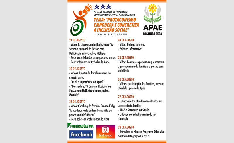 Apae de Restinga Sêca divulga sua programação da Semana Nacional da Pessoa com Deficiência intelectual e Múltipla