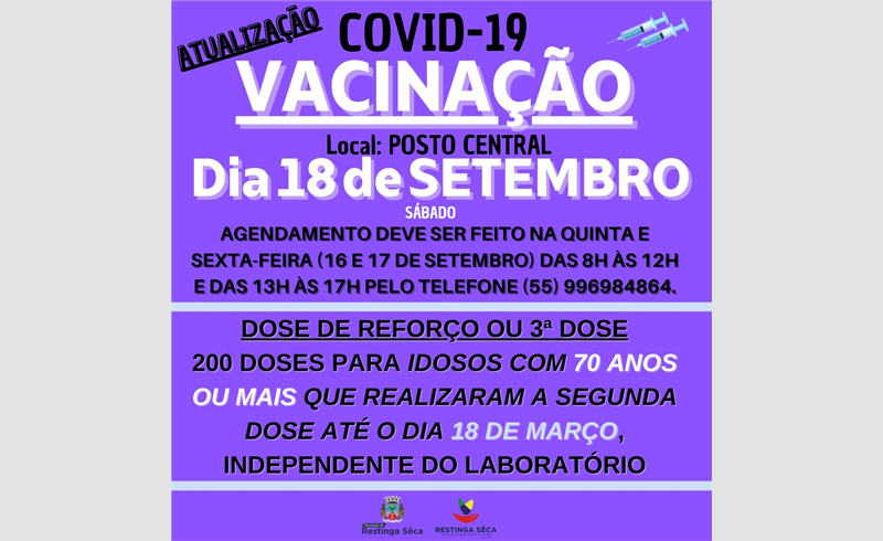 ATUALIZAÇÃO: Vacinação de reforço para para idosos com 78 anos ou mais neste sábado, 18/09
