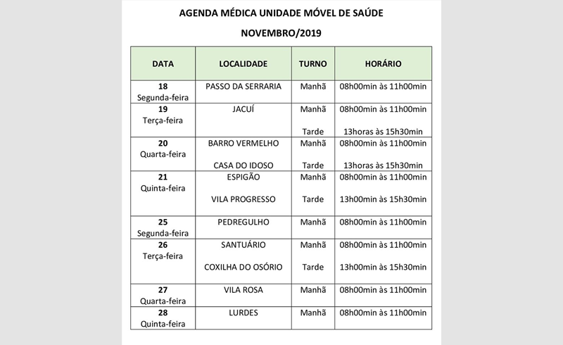 Datas do Atendimento Móvel de Saúde de Restinga Sêca para o mês de novembro