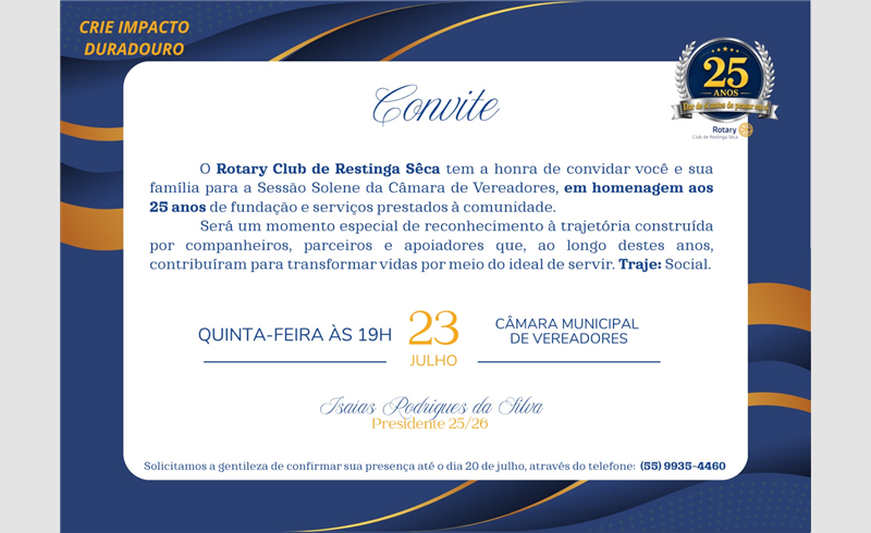 Rotary Club de Restinga Sêca será homenageado em Sessão Solene pelos 25 anos de atuação