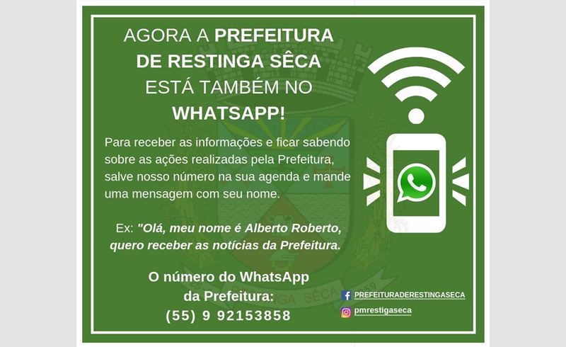 Prefeitura de Restinga Sêca disponibiliza número em aplicativo Whatsapp