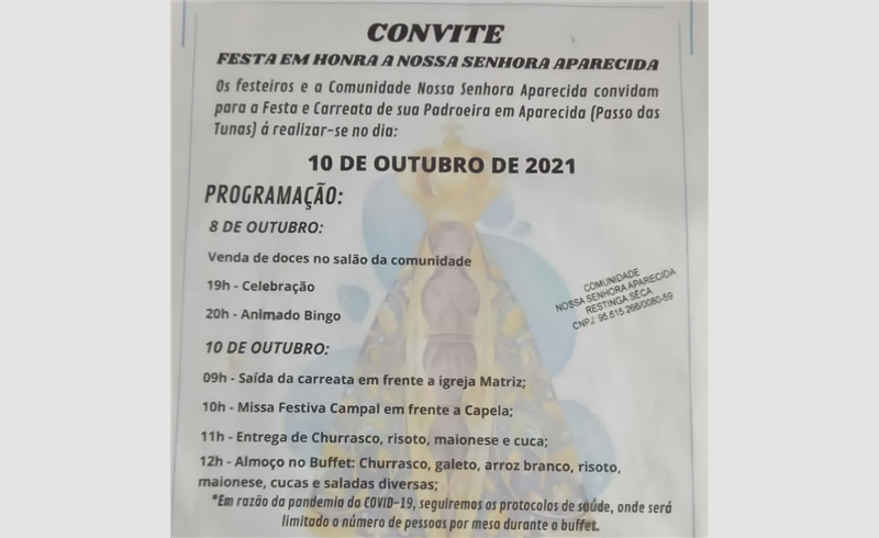 Festejos em honra a Nossa Senhora Aparecida serão realizados neste domingo, 10/10, em Aparecida