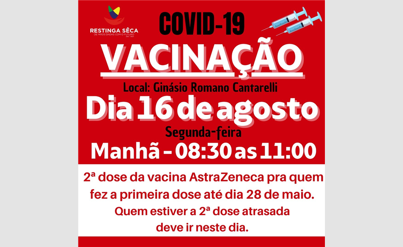 Vacinação contra COVID-19 no Ginásio Romano Cantarelli para Covid-19 segunda dose para quem fez até 28 de maio 