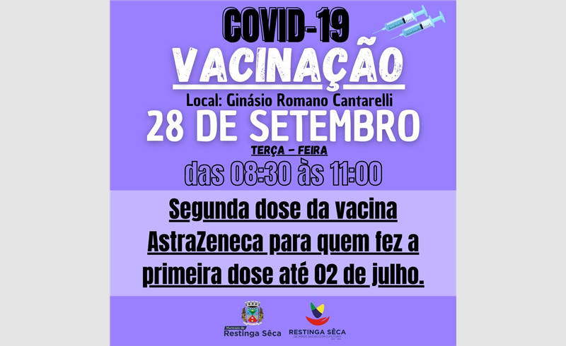 Vacinações contra a Covid-19 nesta terça e quarta-feira, 28 e 29/09 no Ginásio Romano Cantarelli 