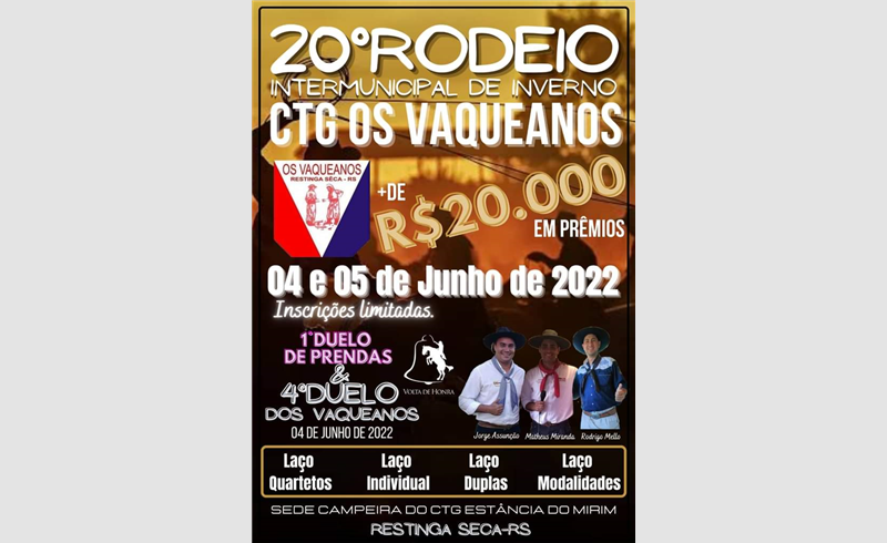 20° Rodeio Intermunicipal de Inverno do CTG Os Vaqueanos acontece neste final de semana