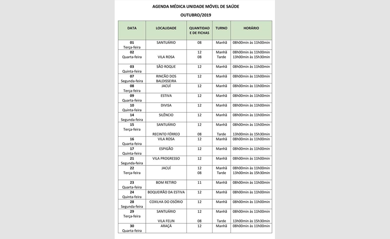 Datas do Atendimento Móvel de Saúde de Restinga Sêca para o mês de outubro