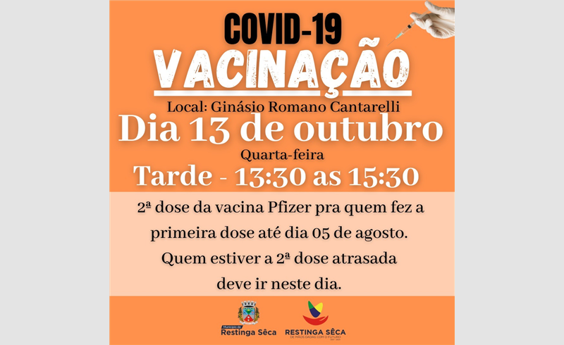 Vacinação contra a Covid-19 nesta quarta e quinta-feira, 13 e 14/10, em Restinga Sêca