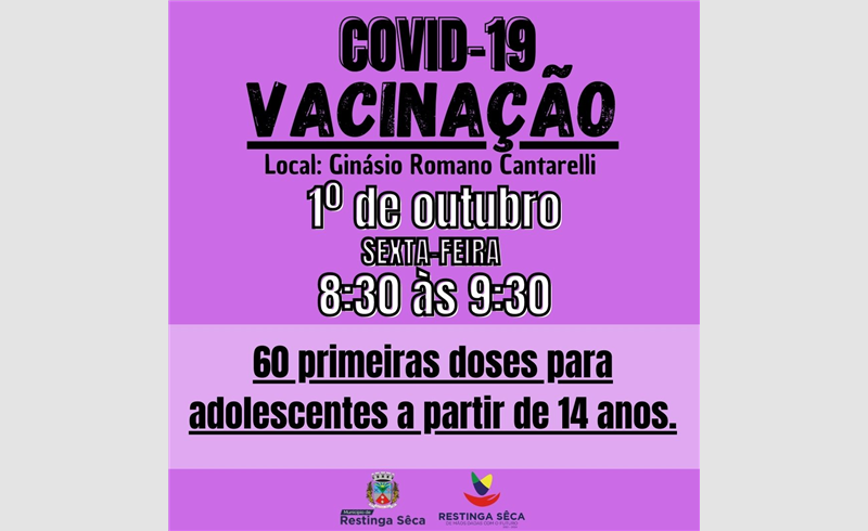 Vacinação contra a covid-19 para adolescentes a partir de 14 anos sem comorbidades 