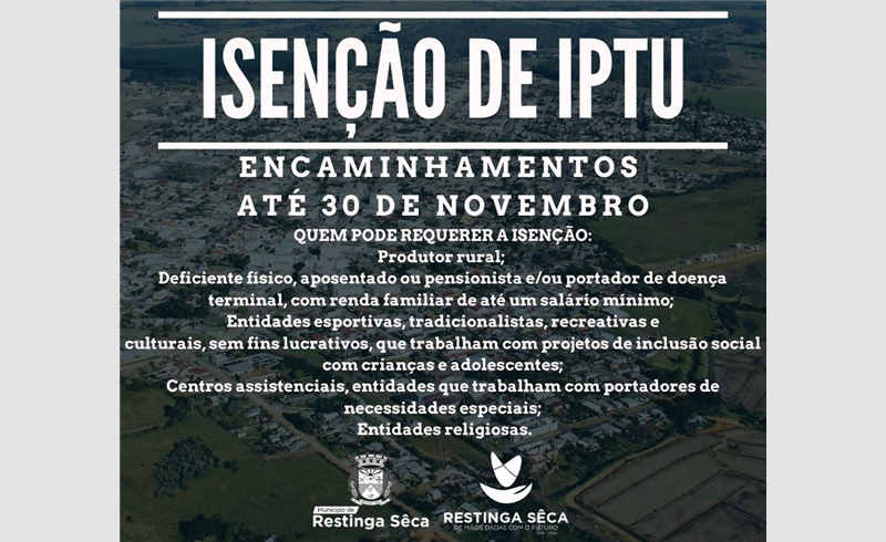 Requerimento de isenção de IPTU vai até dia 30 de novembro