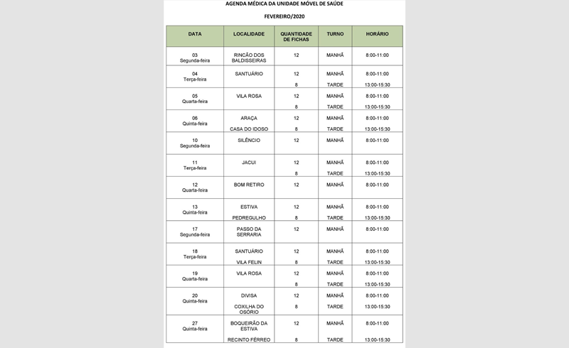 Datas do Atendimento Móvel de Saúde de Restinga Sêca para o mês de fevereiro