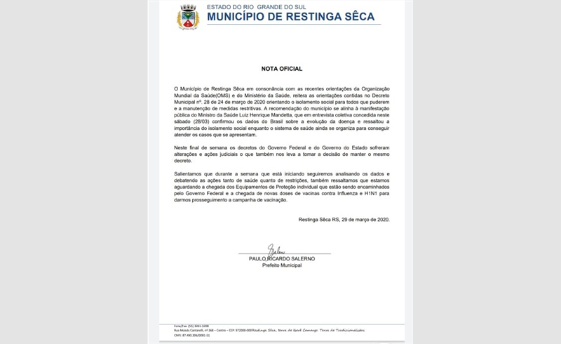 Em nota oficial Prefeitura de Restinga Sêca reitera medida de isolamento
